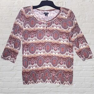 Lucky Brand Floral Geometric 3/4 Sleeve Top Size XL Boho Peasant Smocked‎ Hem
